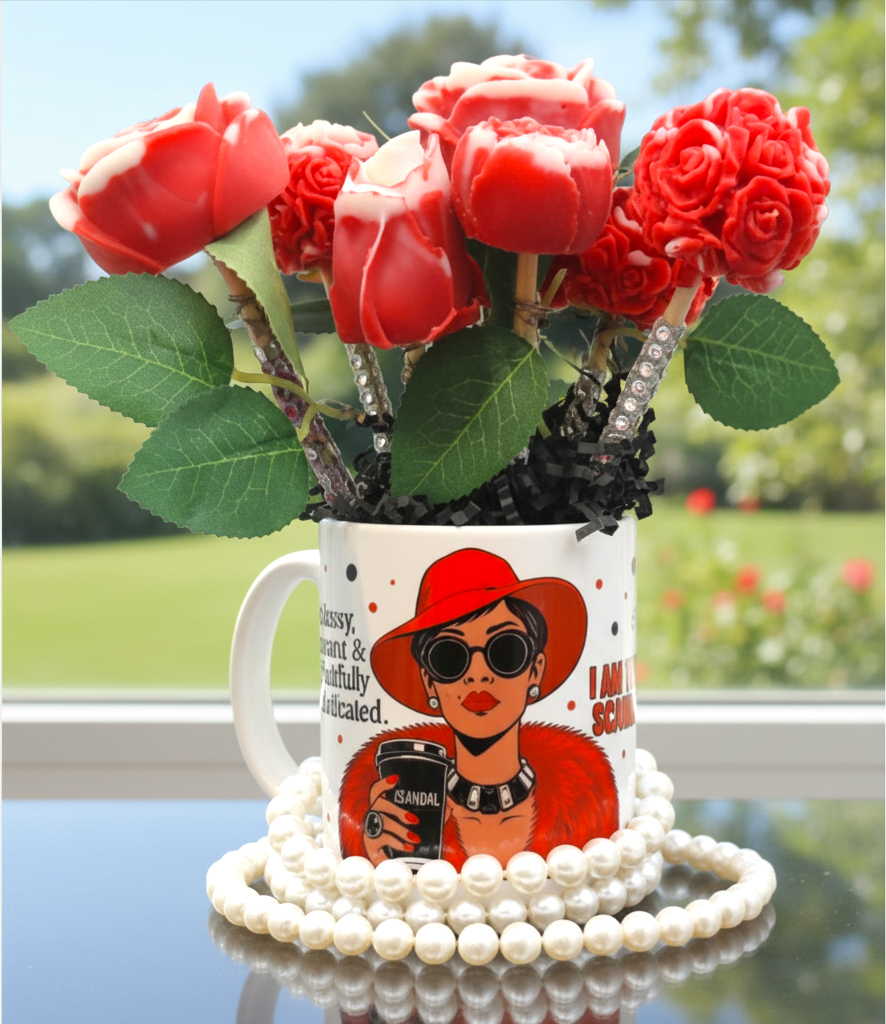 Scandal Candles Co. decorative mug filled with red rose-shaped candles and accented with a string of white pearls.