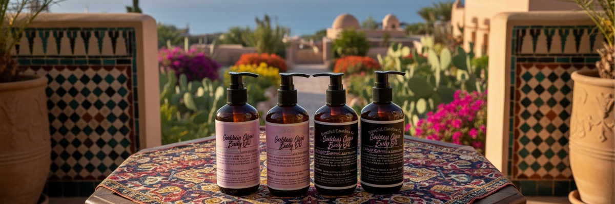 Four amber pump bottles with black and pink labels arranged on a patterned table in front of a scenic outdoor terrace overlooking the ocean.