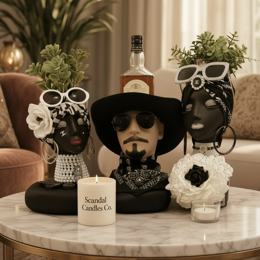 Three black decorative busts styled with bandanas, sunglasses, flowers, and a bottle of liquor on a marble-top table in a living room. A candle in the front reads 'Scandal Candles Co.