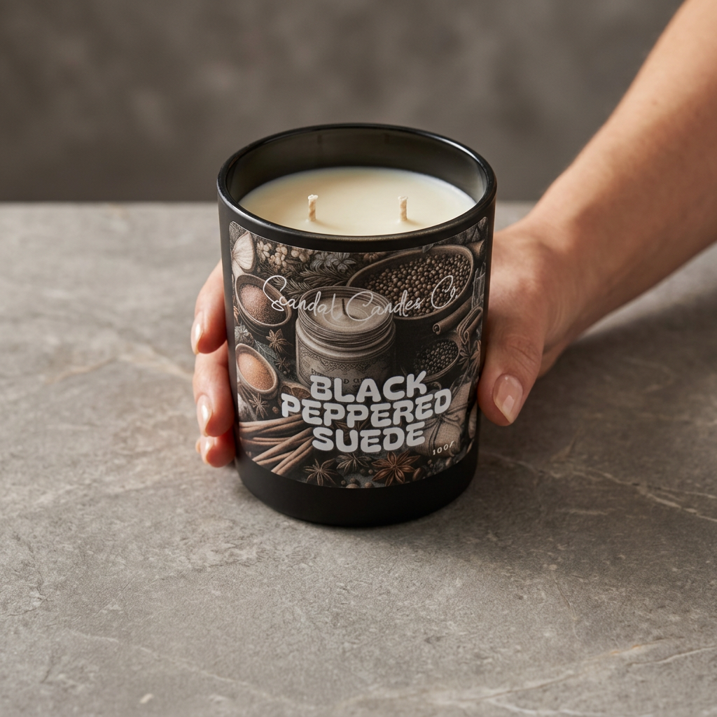 A hand holding a black glass candle jar labeled 'Black Peppered Suede' by Scuder Candle Co, with cream-colored wax visible inside, set against a gray stone surface.