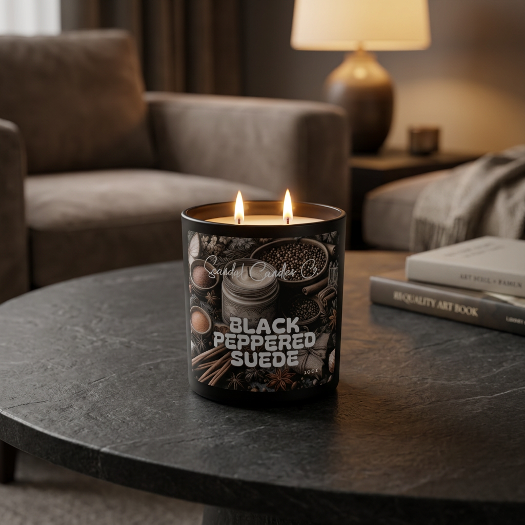 A double-wick candle labeled 'Scented Candles Co' and 'BLACK PEPPERED SUEDE' sits on a dark round table in a cozy living room setting with a sofa, lamp, and books in the background.