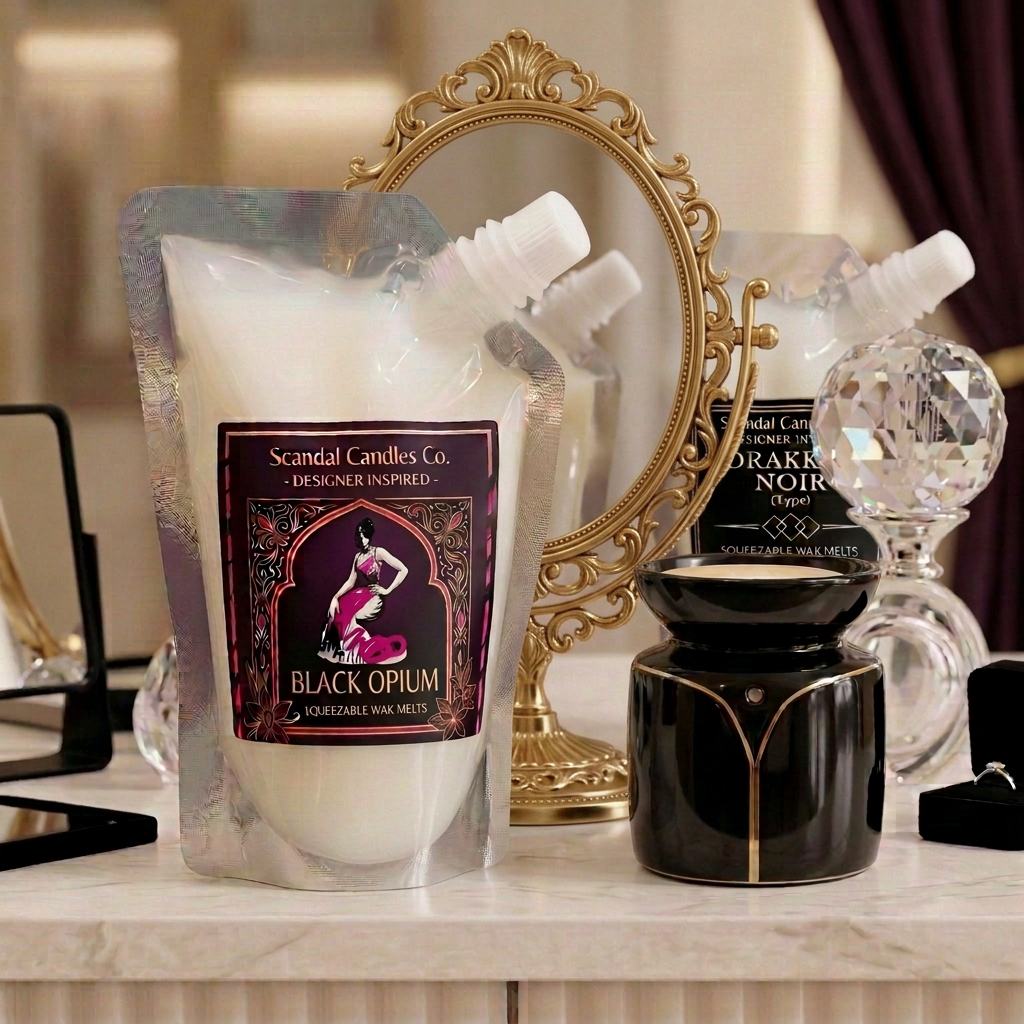 Designer Inspired wax melts with a refined front label and ornate gold mirror