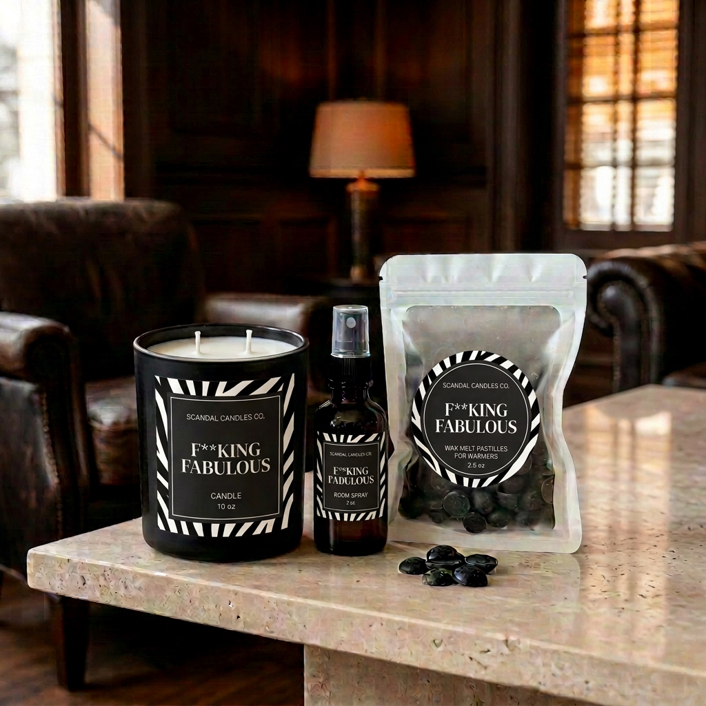 A candle, a small spray bottle, and a stand-up pouch of raw materials from Scandal Candles Co. All labeled 'F*ck Fabulous', arranged on a stone table in a rustic, dimly lit room with leather furniture and dried lavender in the background.