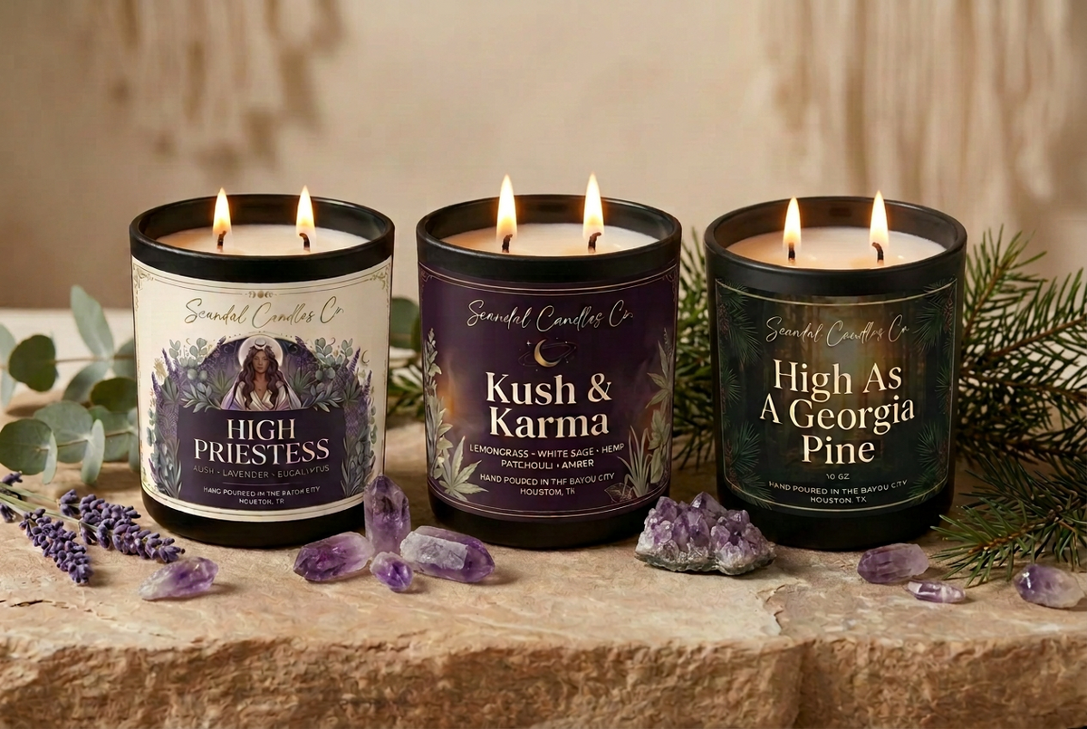 High Priestess, Kush & Karma, and High As a Georgia Pine candle collection