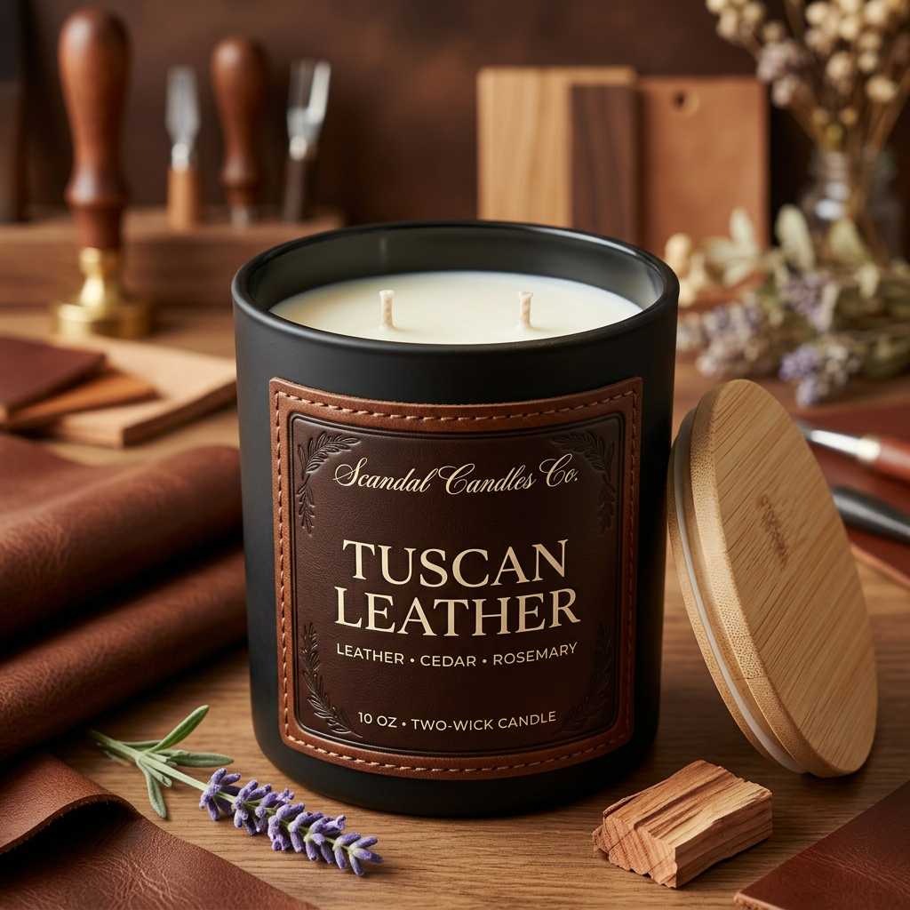Open Tuscan Leather candle with leather-textured label and two unlit wicks, wooden lid beside the jar with leather and lavender accents.