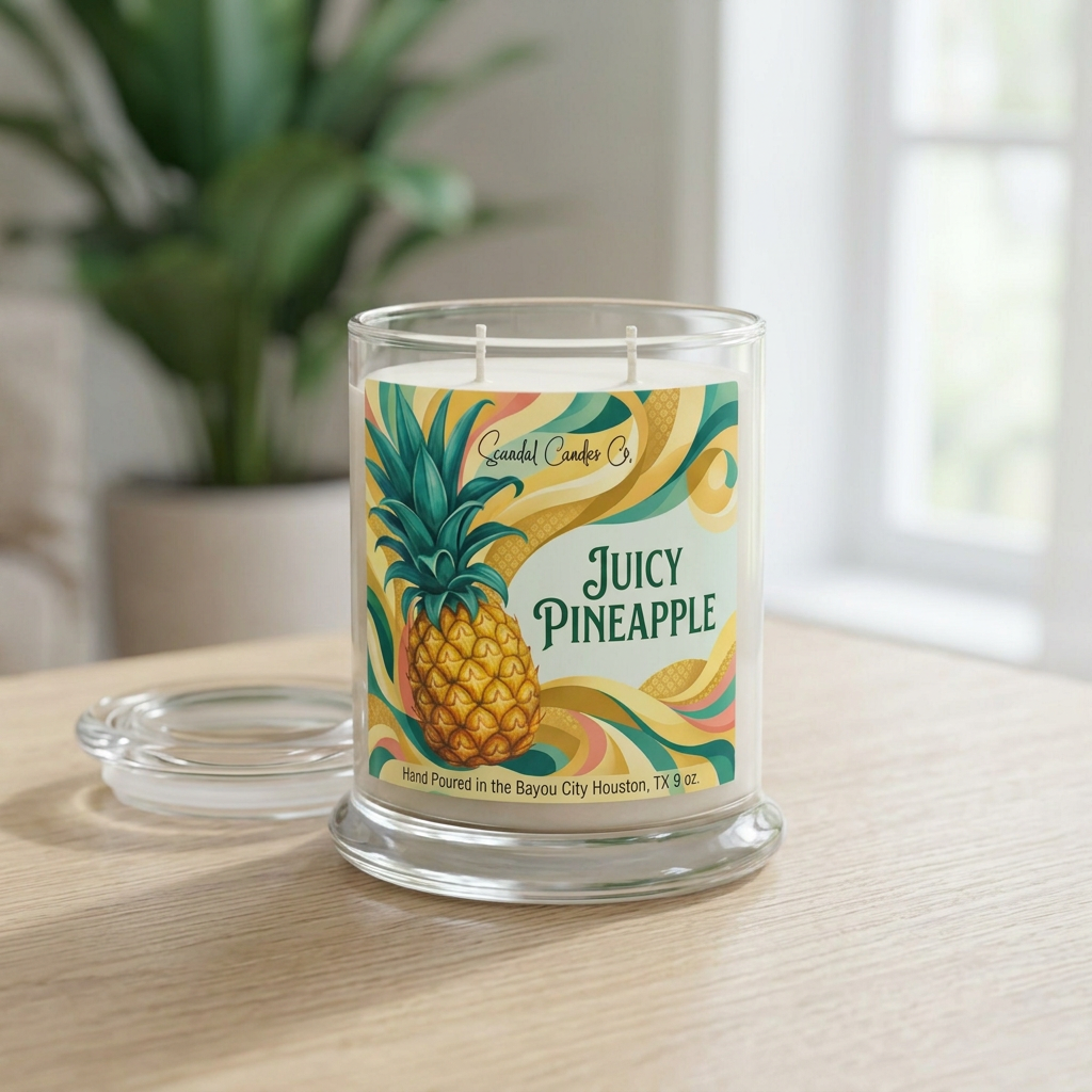 Juicy Pineapple candle with abstract label in an airy tropical room