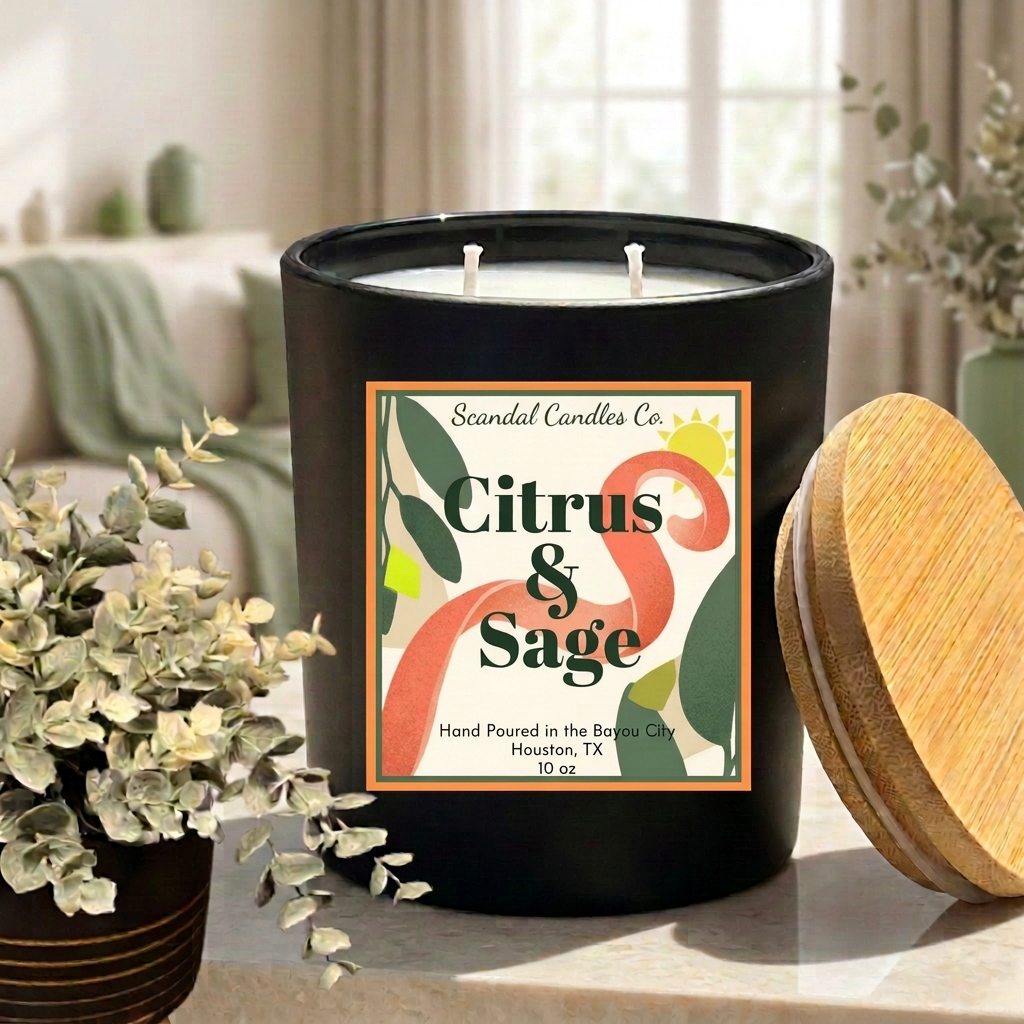 Citrus & Sage candle with orange and green bordered spiral label in a bright home setting