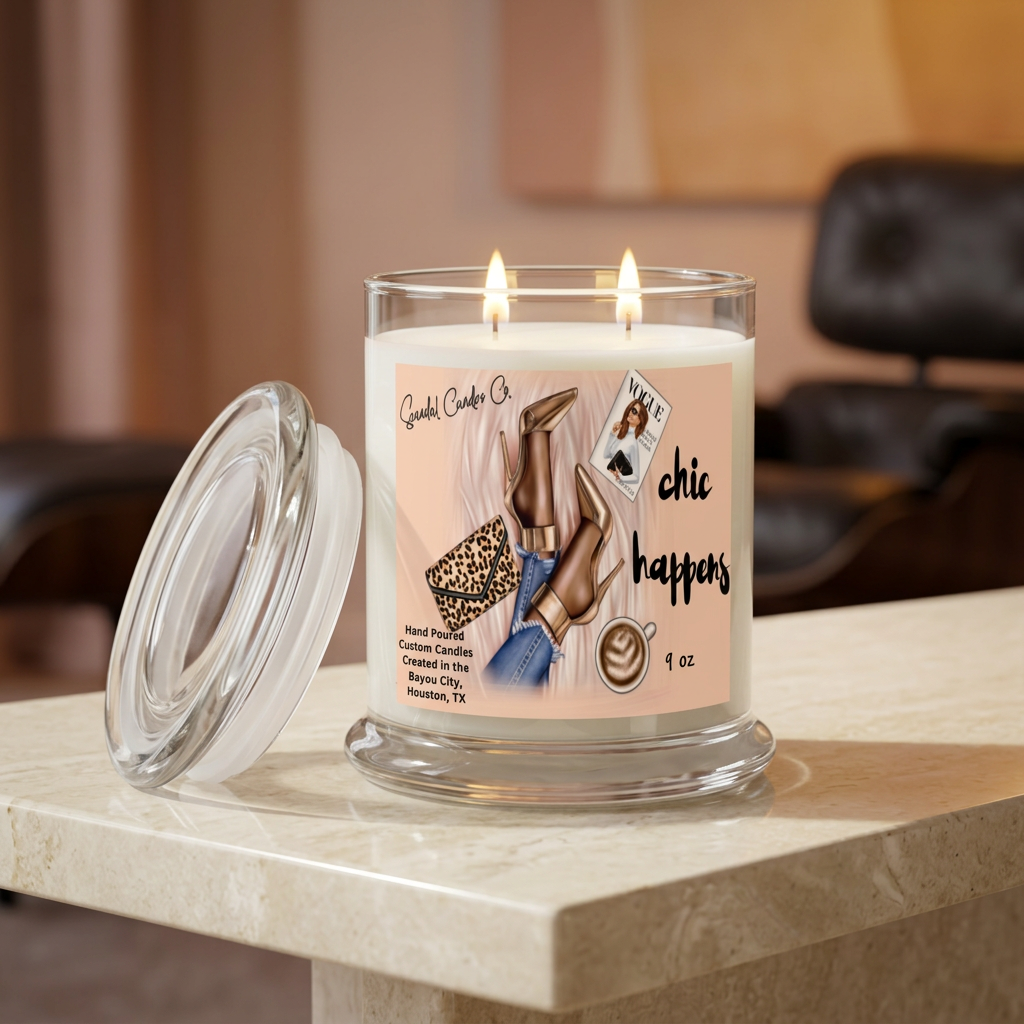 Chic Happens candle in an elegant warm blush living room