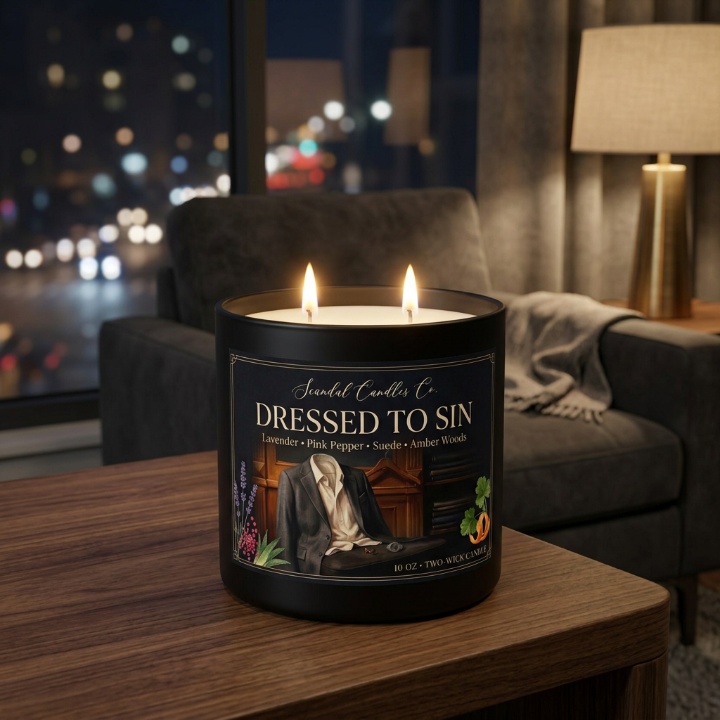 Dressed to Sin candle in a sophisticated after-dark lounge without lid