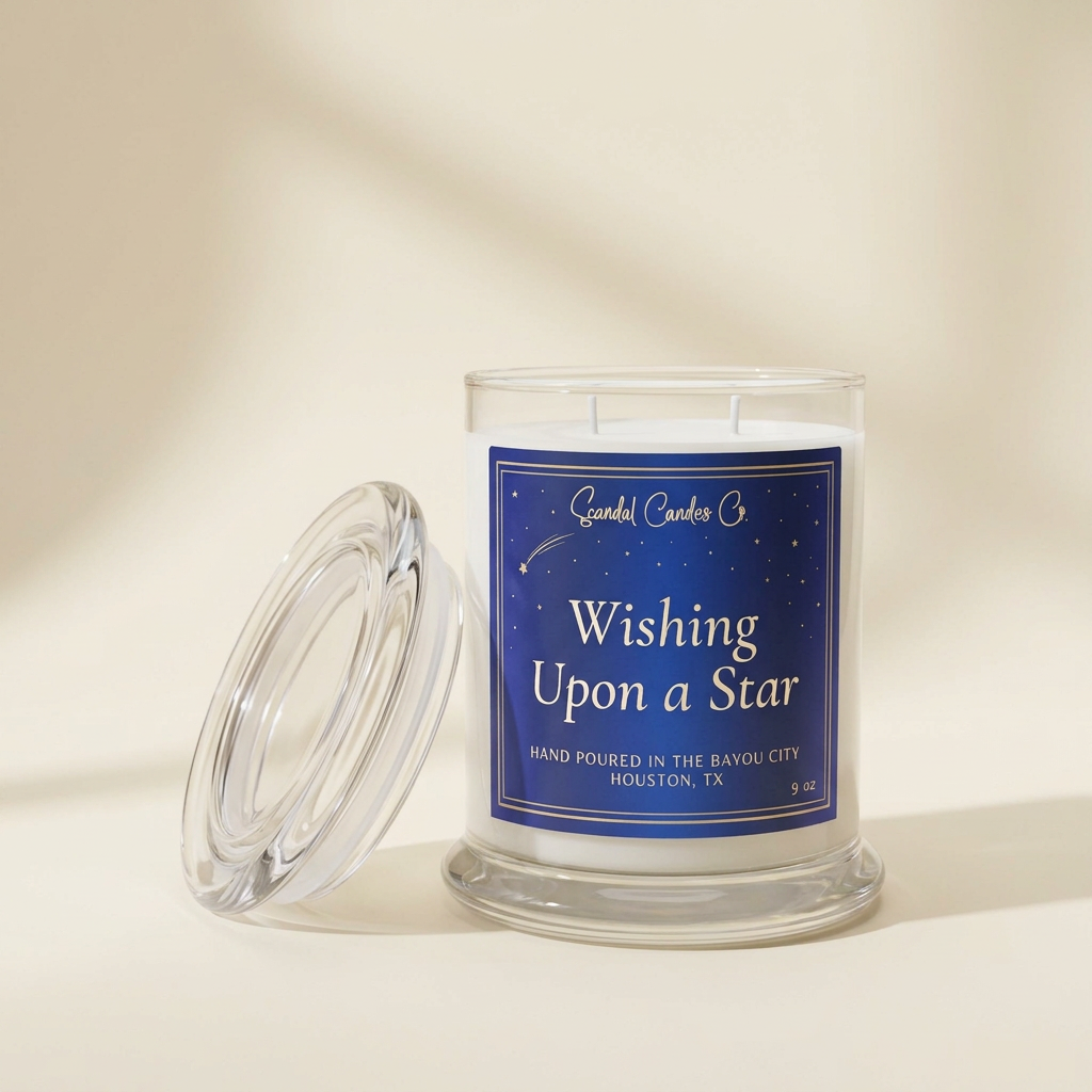 Wishing Upon a Star candle with sapphire celestial label on an ivory studio background