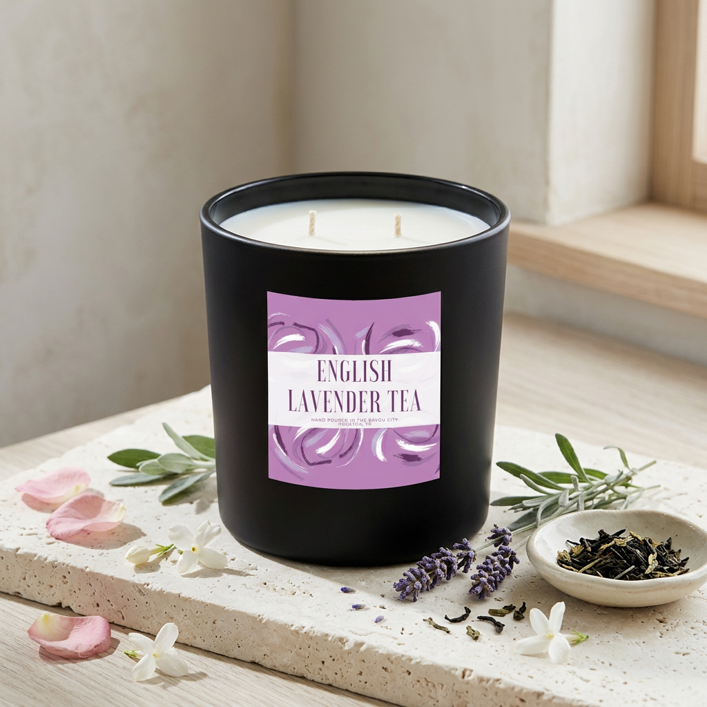 English Lavender Tea candle styled with lavender, tea leaves and florals