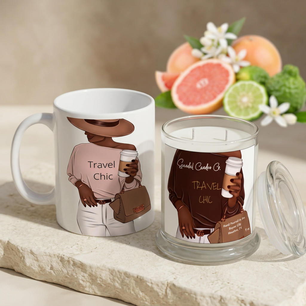 Travel Chic candle and mug with citrus and floral styling inspired by its fragrance notes