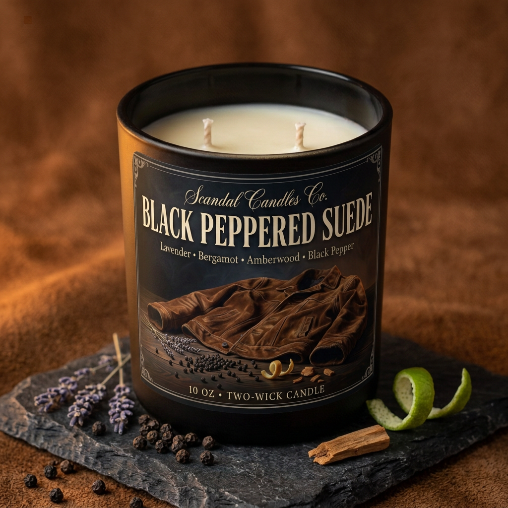 Black Peppered Suede candle with lavender, peppercorns, bergamot peel and wood