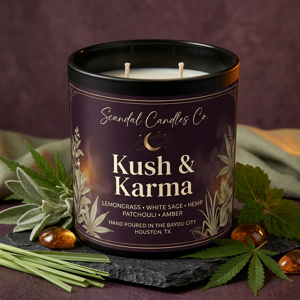 Kush & Karma white-wax two-wick candle with smoky plum label styled with lemongrass, sage, hemp leaves, patchouli foliage, and amber-colored stones