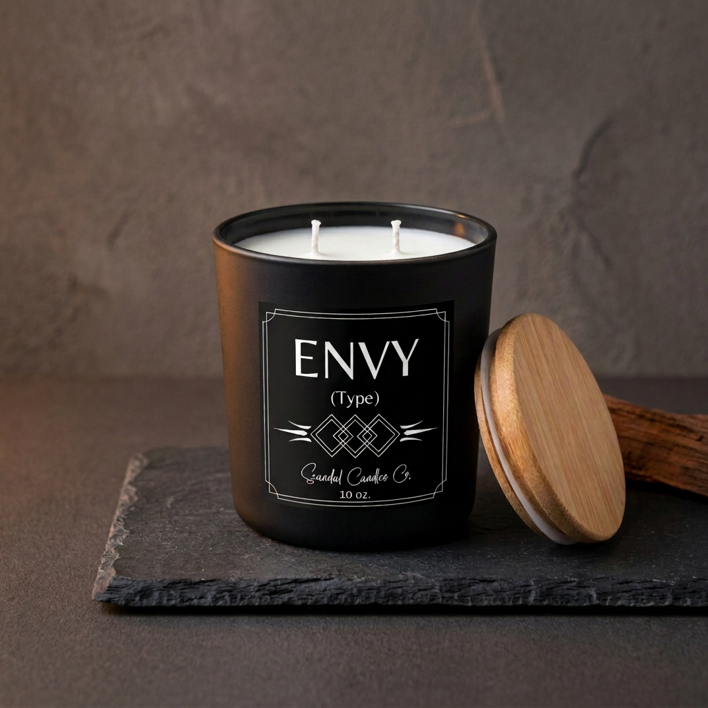 Envy (Type) boutique-label candle and bamboo lid on a slate pedestal