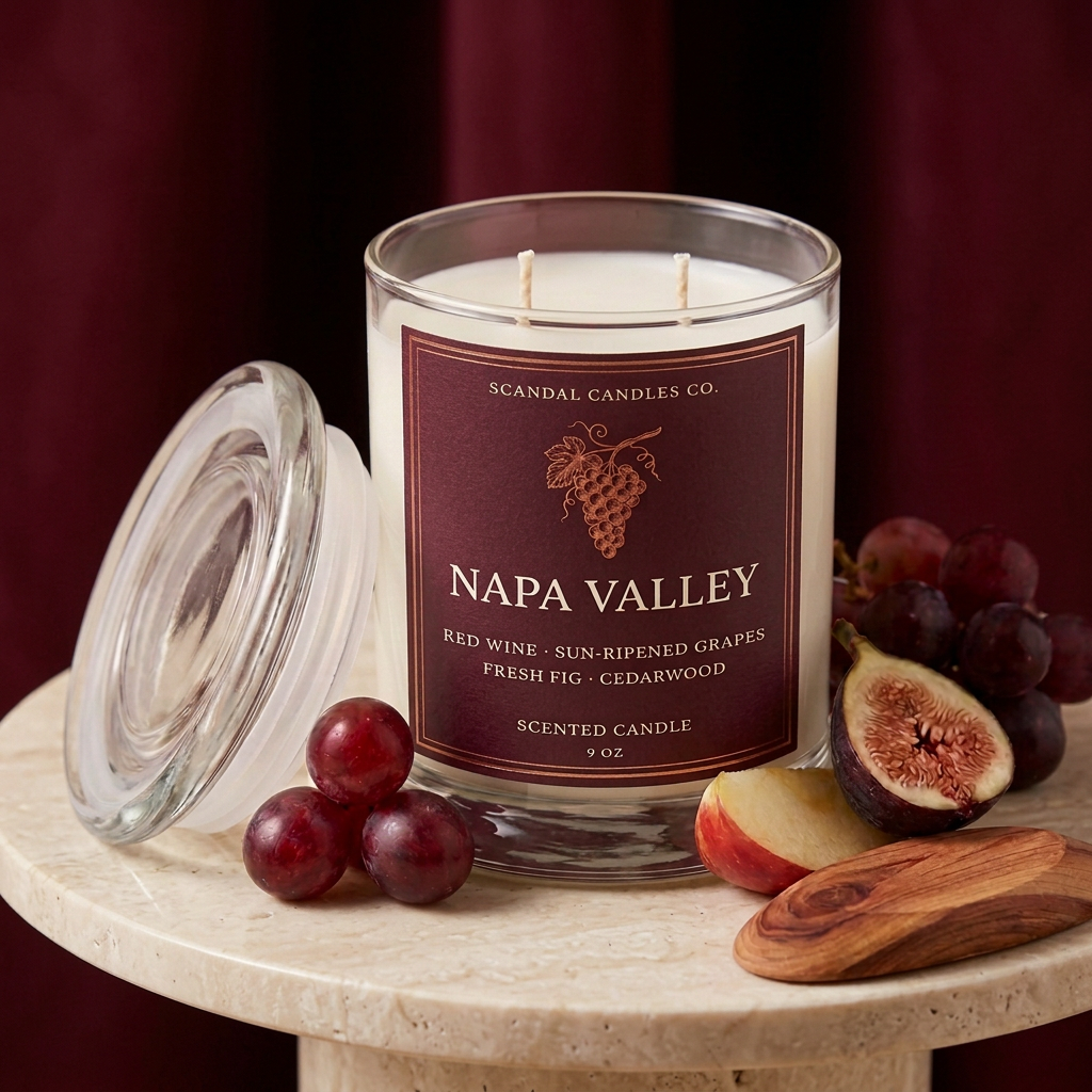Napa Valley candle with merlot wine-style label in a burgundy studio setting with fig and cedarwood