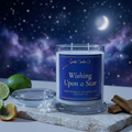 Wishing Upon a Star candle with sapphire label styled with citrus, white blossom and wood