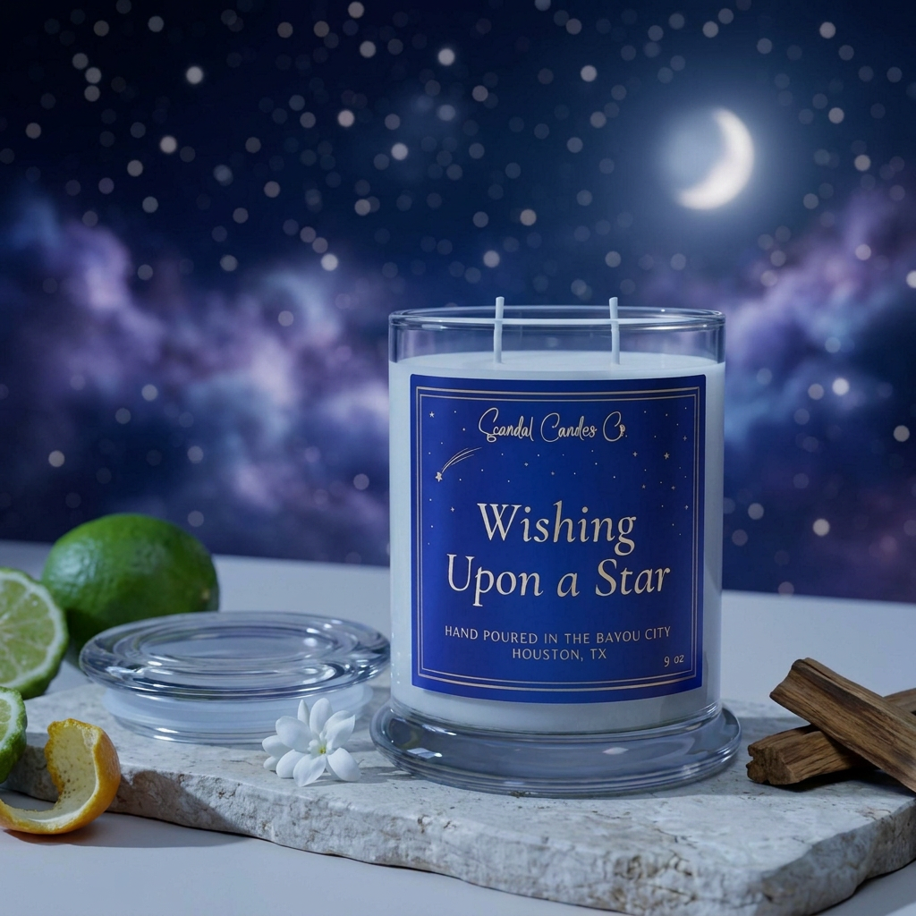 Wishing Upon a Star candle with sapphire label styled with citrus, white blossom and wood
