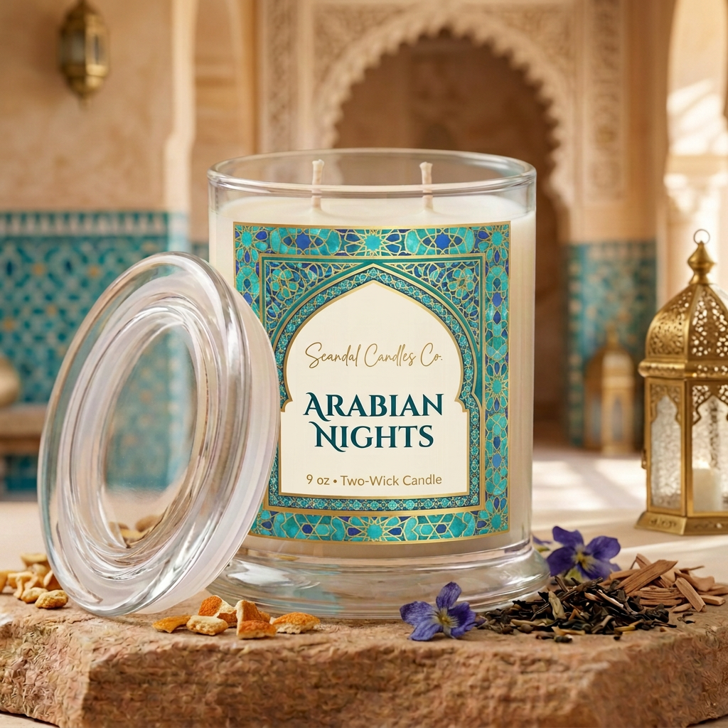 Arabian Nights candle with Moroccan mosaic label styled with citrus, tea leaves, flowers and wood