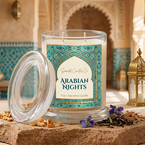 Arabian Nights candle with Moroccan mosaic label styled with citrus, tea leaves, flowers and wood