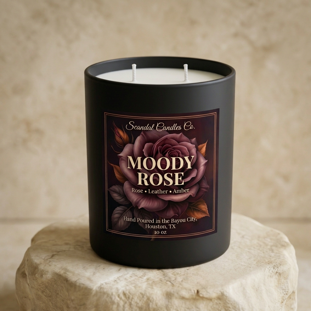 Moody Rose candle with dark plum and burgundy rose label in an ivory studio