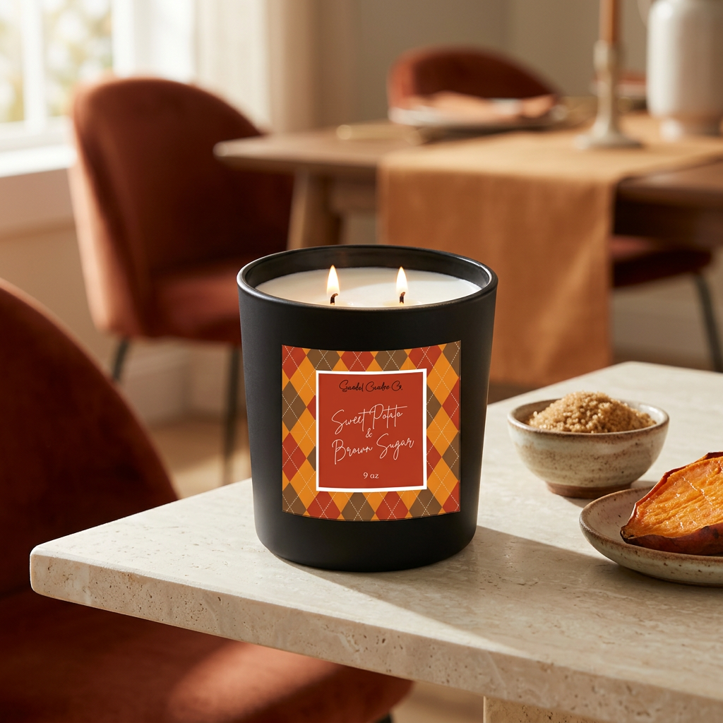 Sweet Potato & Brown Sugar candle in a cozy autumn dining room