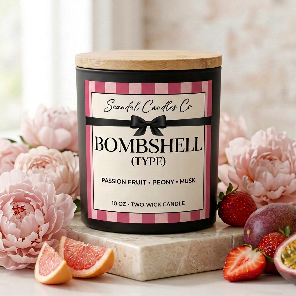 Bombshell 10 oz candle with a single top bow styled with peonies and fruit
