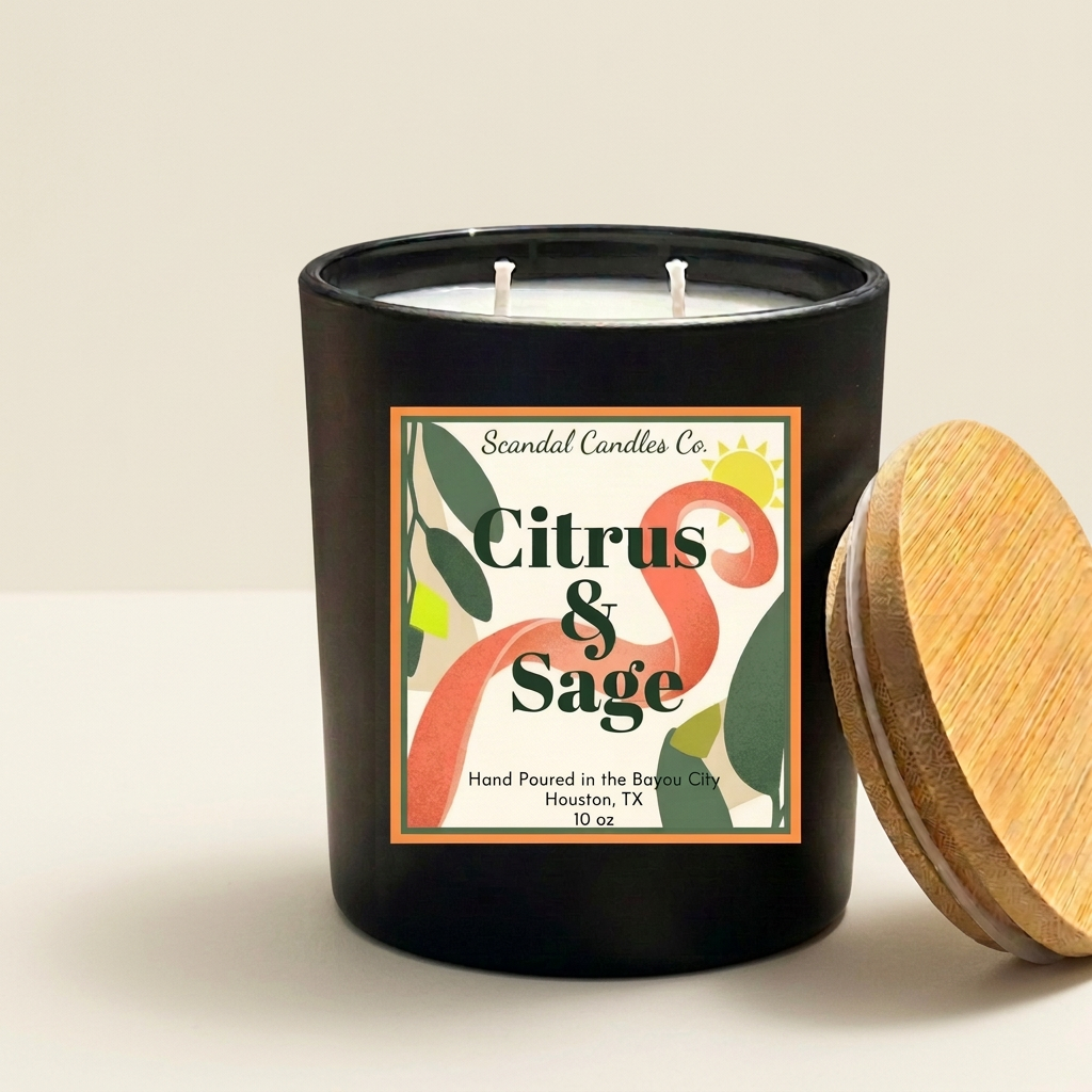 Citrus & Sage candle with bordered spiral label on an ivory studio background