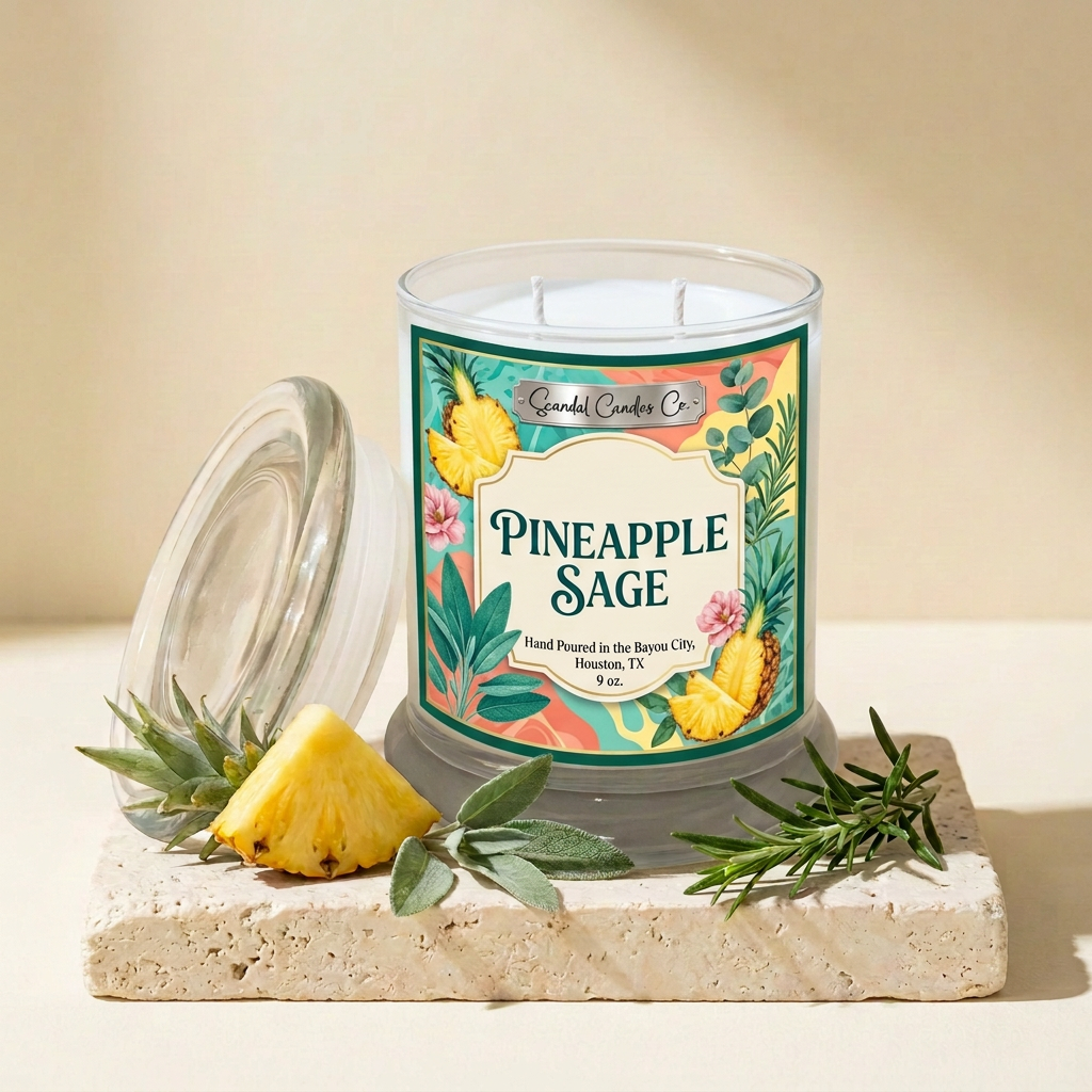 Pineapple Sage candle with colorful botanical label in an ivory studio setting