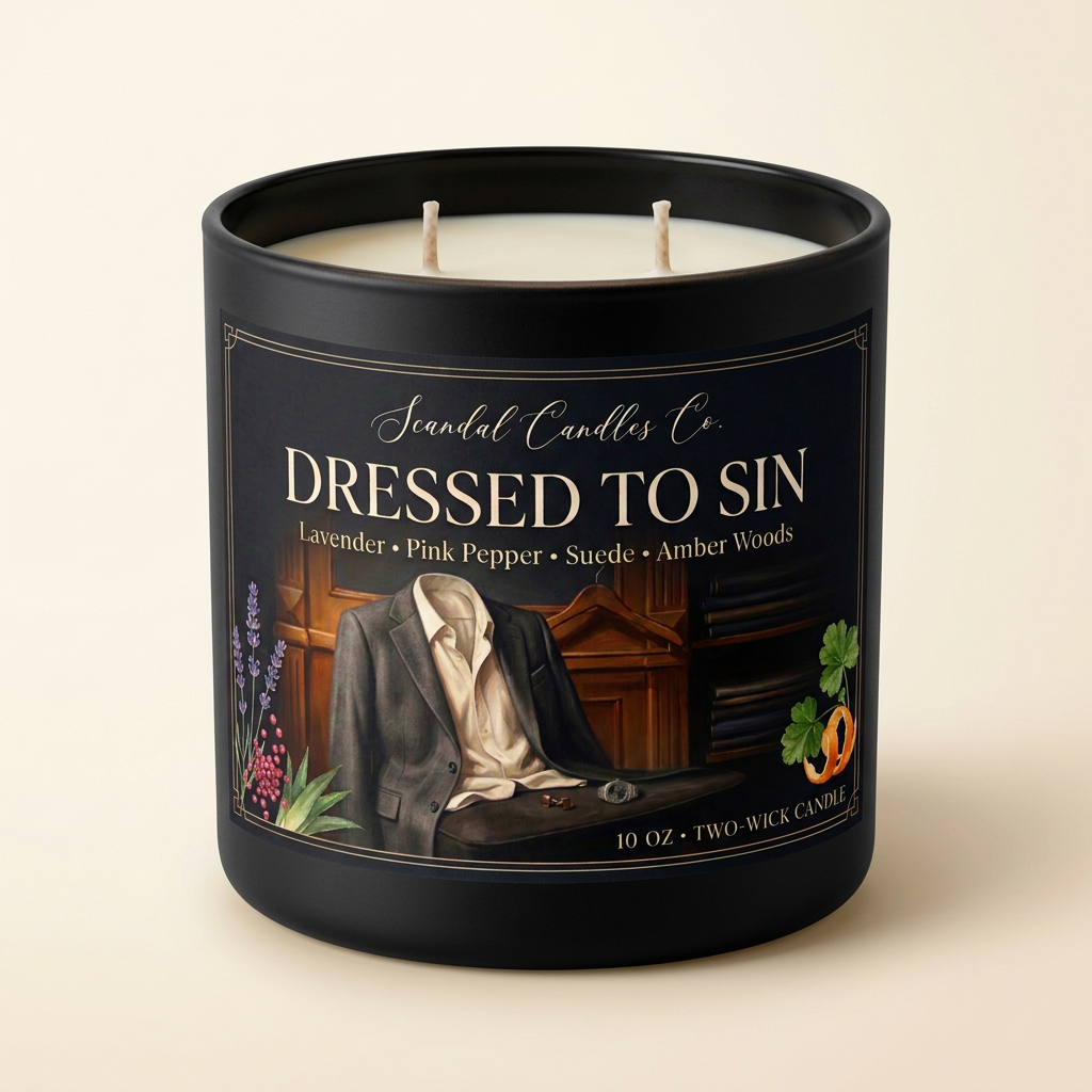 Dressed to Sin matte black two-wick candle with final tailored-outfit label, studio background without lid