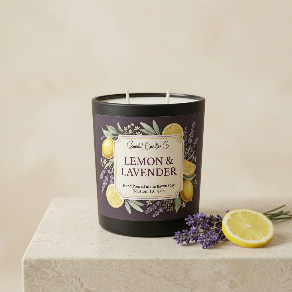 Lemon & Lavender candle with botanical label and black jar in a cream studio setting