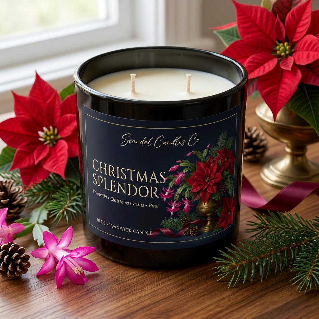 Christmas Splendor candle with renamed floral label and poinsettia styling