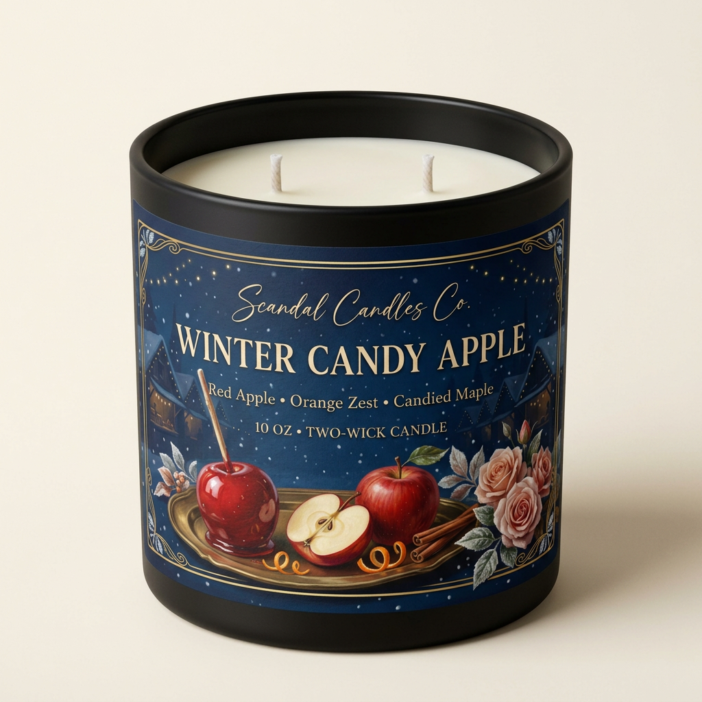 Winter Candy Apple matte black two-wick candle with midnight-blue winter-market label, studio photo without lid