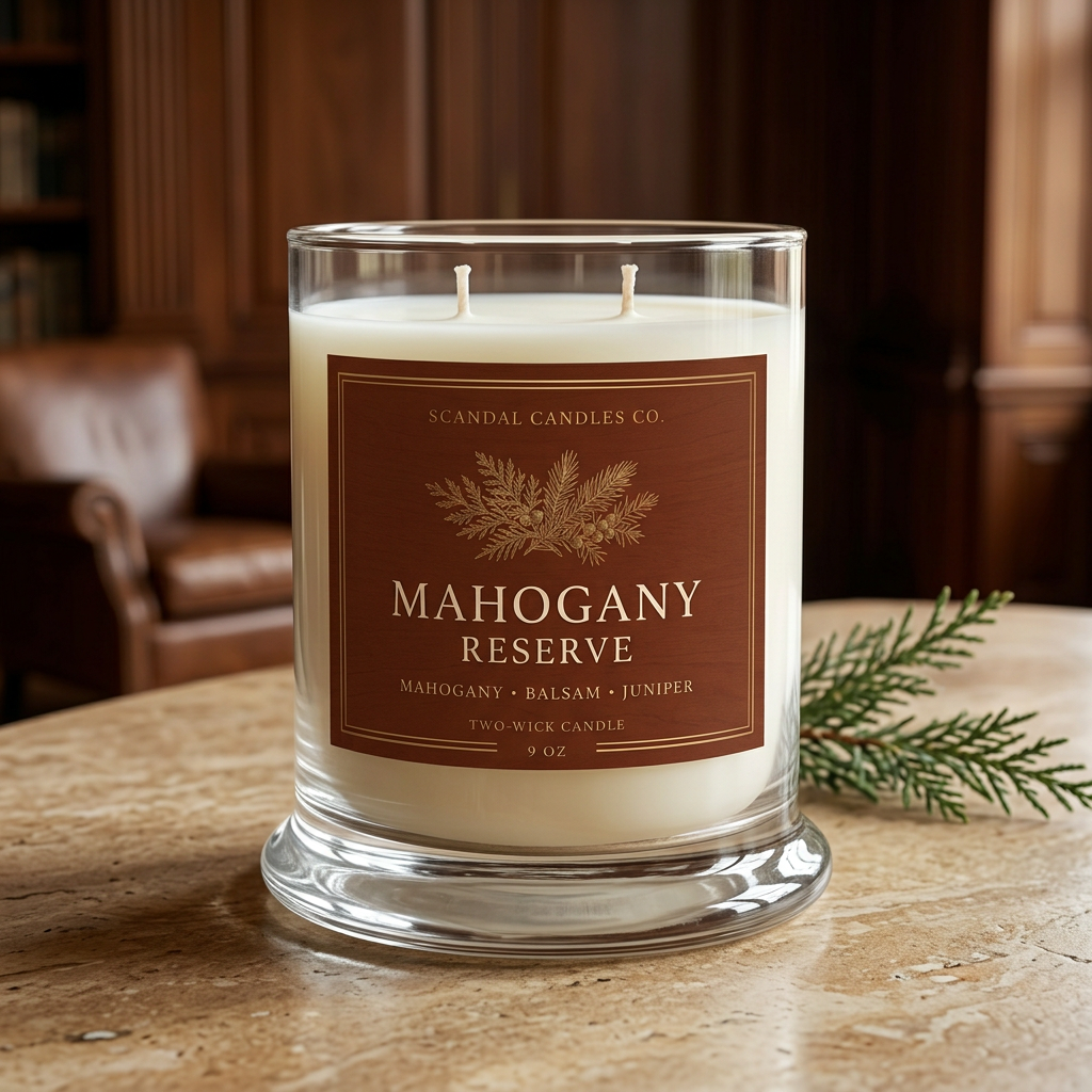 Mahogany Reserve 9 oz candle in a warm woodland-inspired interior