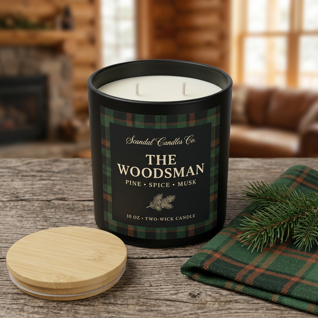 Open The Woodsman candle with plaid label and two unlit wicks, wooden lid beside the jar with plaid flannel and pine.