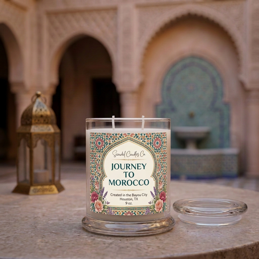 Journey to Morocco candle with jewel-toned Moroccan label in a riad courtyard