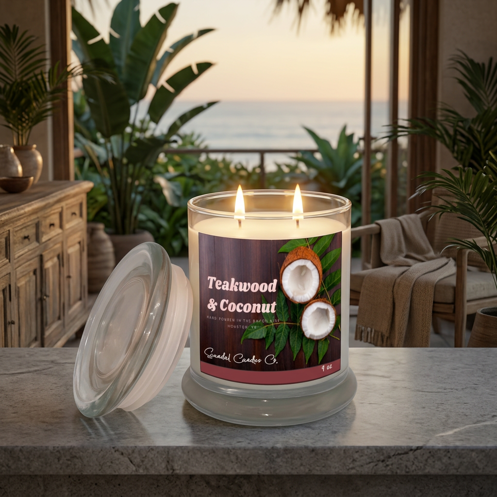 Teakwood & Coconut candle in an elegant tropical retreat