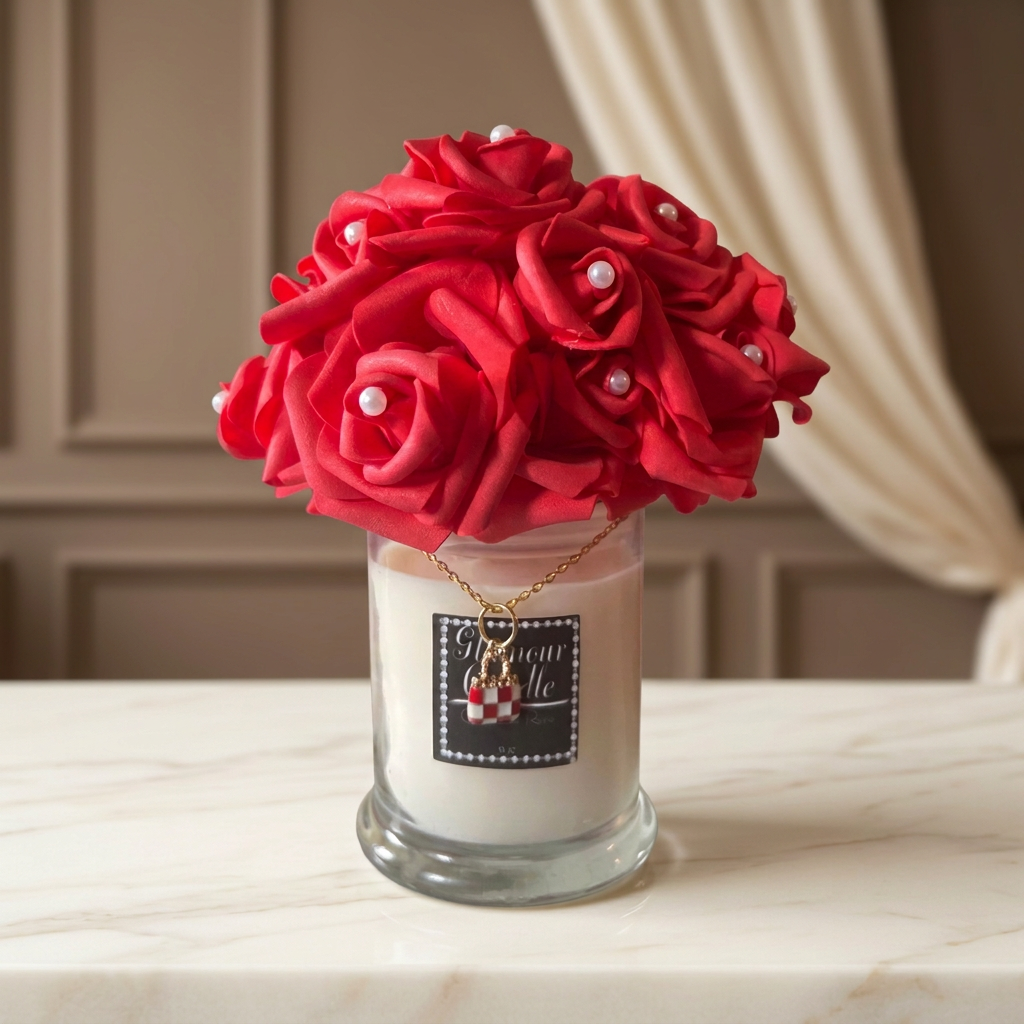 Red Glamour Candle with pearl-accented roses and loose gold chain against a taupe curtain background