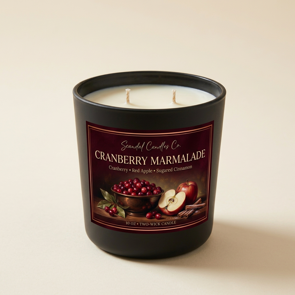 Cranberry Marmalade two-wick candle with burgundy and copper label, studio photo