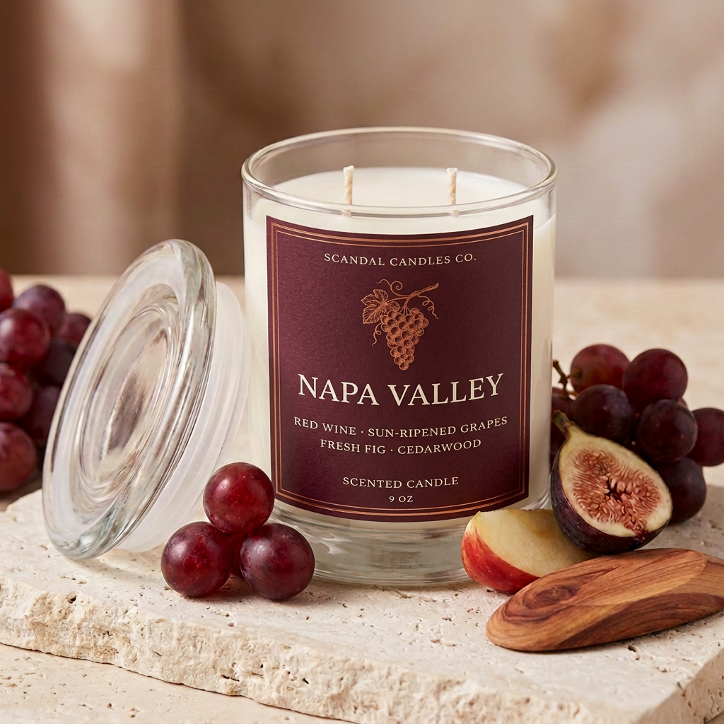 Napa Valley 9 oz candle with deep merlot and copper wine-style label, grapes and fig