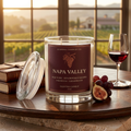 Napa Valley candle with merlot wine-style label on a wine-country dining table