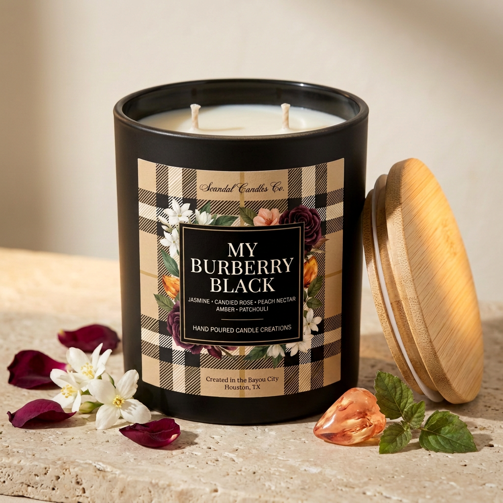 A black scented candle jar labeled 'My Burberry Black' by Scented Candle Co., shown with its light wood lid leaning beside it on a stone surface with flower petals and mint leaves.
