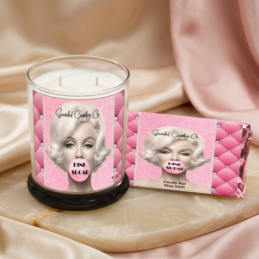 Marilyn Pink Sugar candle and wax melt set styled with champagne satin