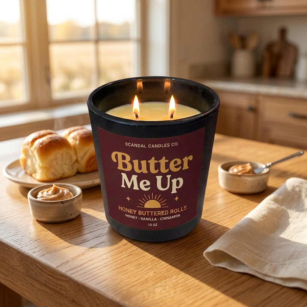 Butter Me Up candle with burgundy and honey-gold label on a sunny breakfast table with rolls and cinnamon butter