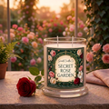 Secret Rose Garden candle styled with roses and trailing ivy in a garden, without lid