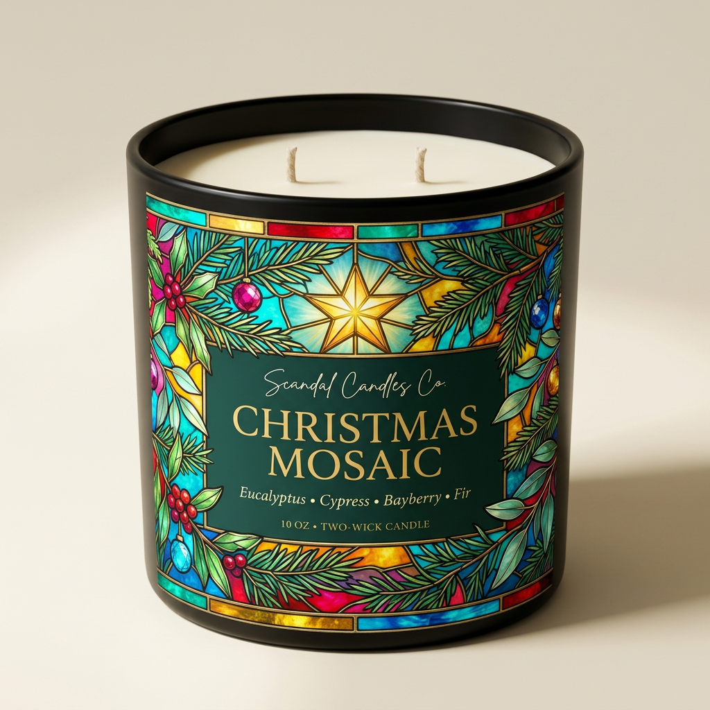 Christmas Mosaic two-wick candle with bright multicolored stained-glass label, studio view