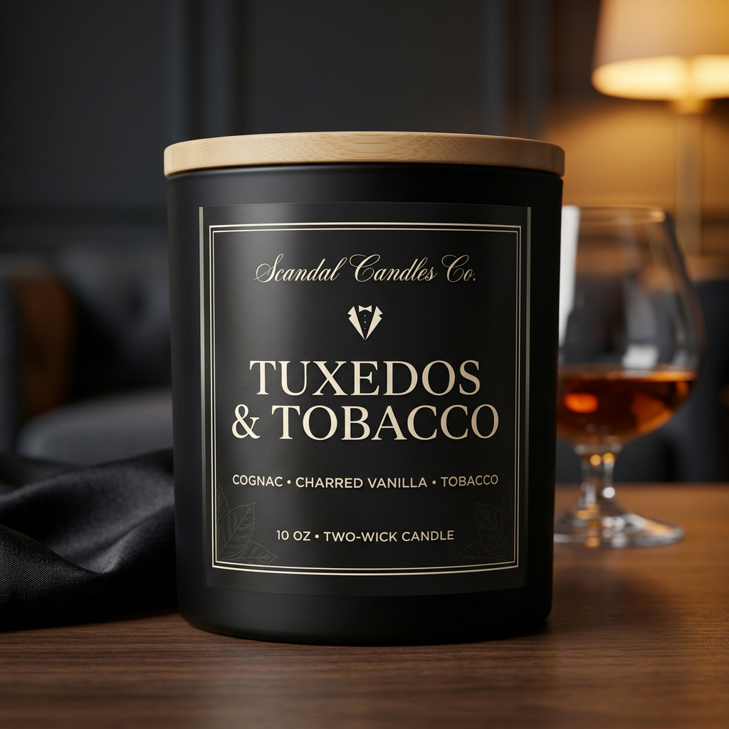 Tuxedos & Tobacco matte black candle with charcoal label and wooden lid, styled with black satin and a cognac glass.