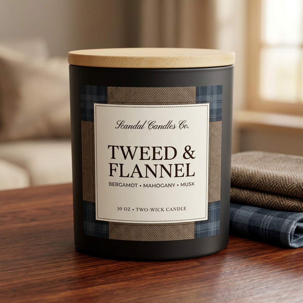 Tweed & Flannel matte-black candle with wooden lid and textile-inspired label beside brown tweed and slate-blue flannel.
