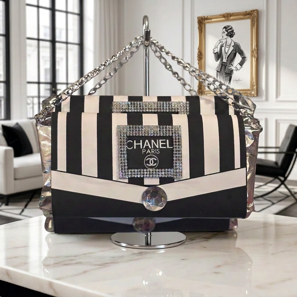 Black and white wax melt clutch with silver chain hanging from a silver display hook in an elegant black and white room