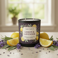 Lemon & Lavender candle styled with fresh lemons and lavender sprigs